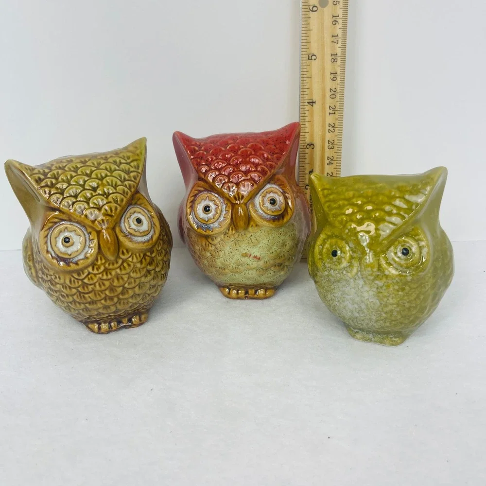 Vintage Style Ceramic Owl Figurines Set of 3 Retro Glaze Bird Yellow Red Green